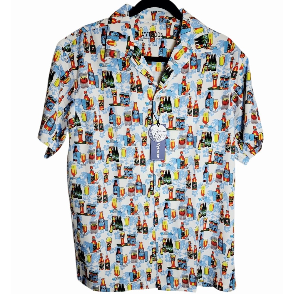 Vytron‎ Beer Bottle Print Hawaiian Shirt Mens XL Stretch Poly Spandex Button...